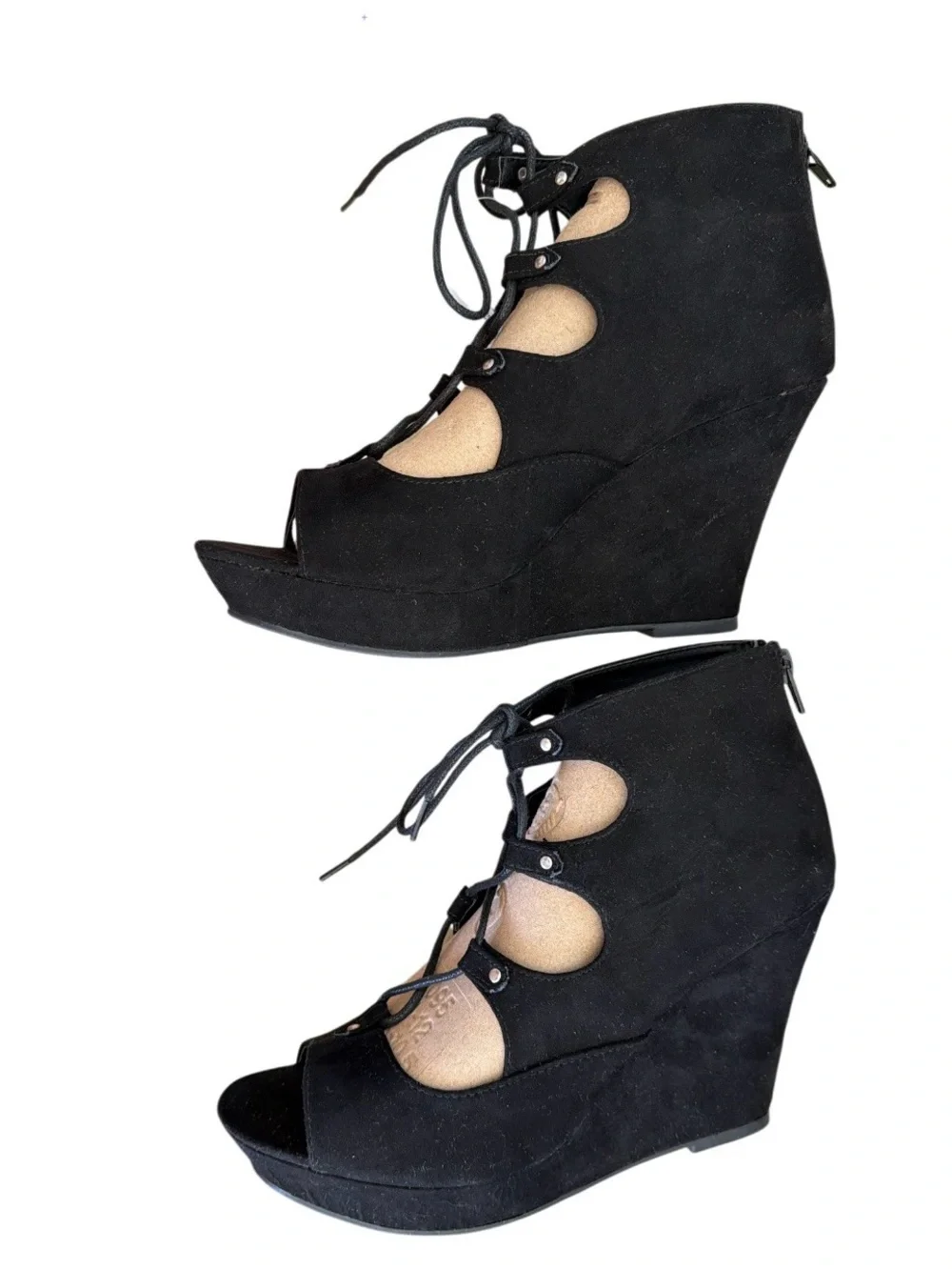 NWT- Sugar Black Suede Lace-Up Peep-Toe Wedges